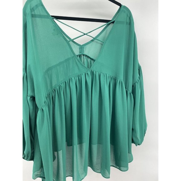 Umgee Women’s Top Medium Baby Doll Open Cross Cross Back‎ Balloon Sleeve Green - Picture 5 of 13